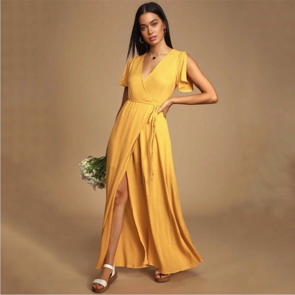 Lulus Much Obliged Wrap Maxi Dress Size S Short Sleeve Golden Yellow NEW Tag B69 - Picture 1 of 6